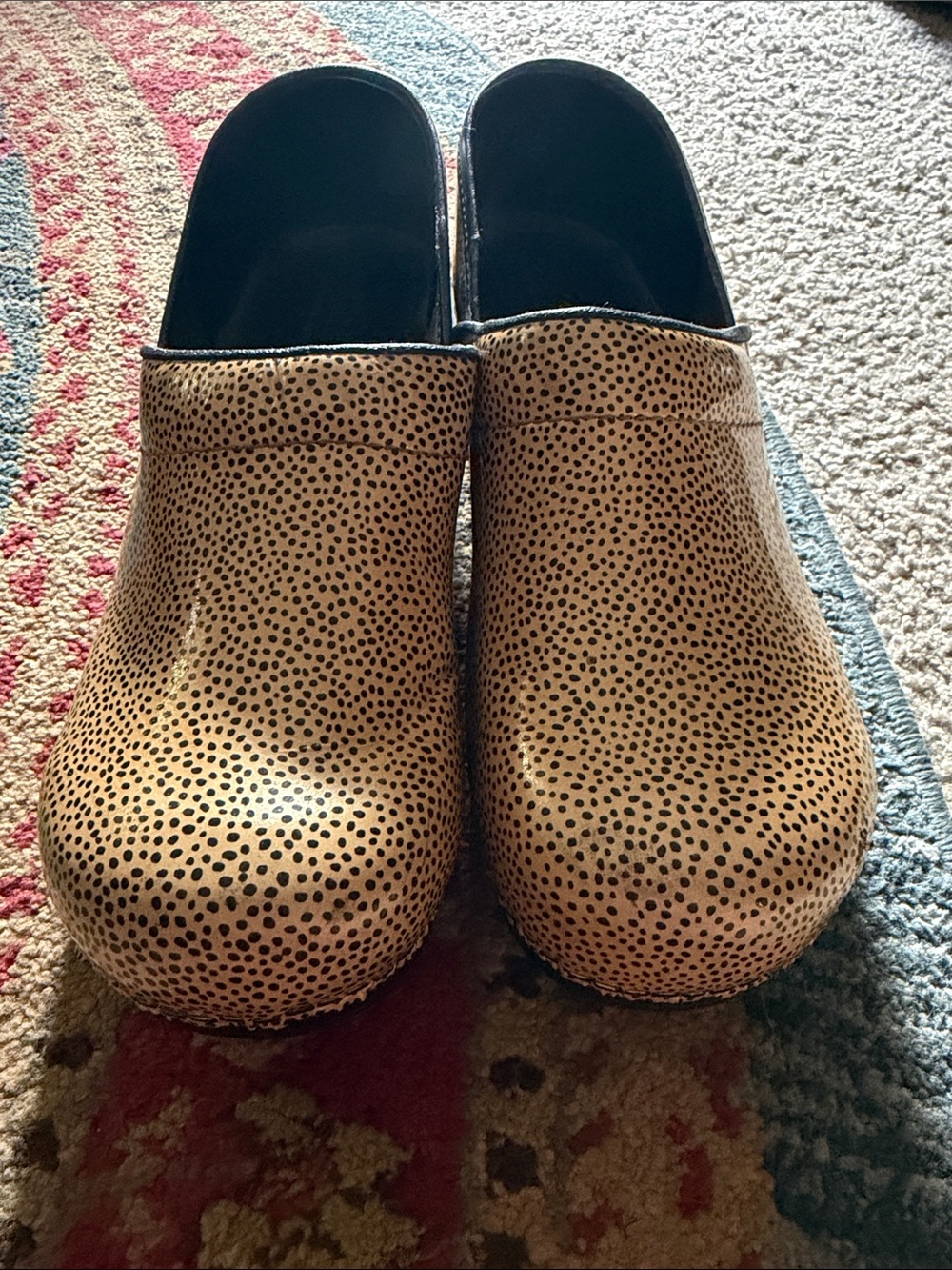 Sanita Tan Spotted Leather Clogs with Black Trim - Picture 4 of 7